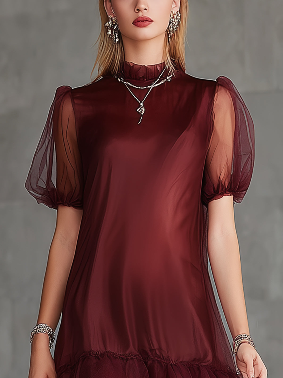 Burgundy Puff Sleeve High Neck Organza Ruffle Hem Mini Dress