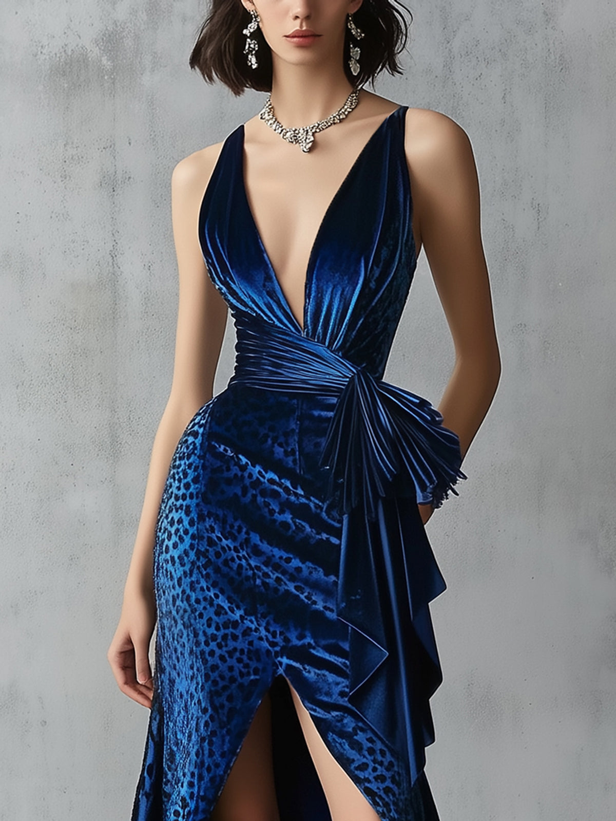 Blue Velvet Leopard Print High Slit V-Neck Sleeveless Maxi Dress