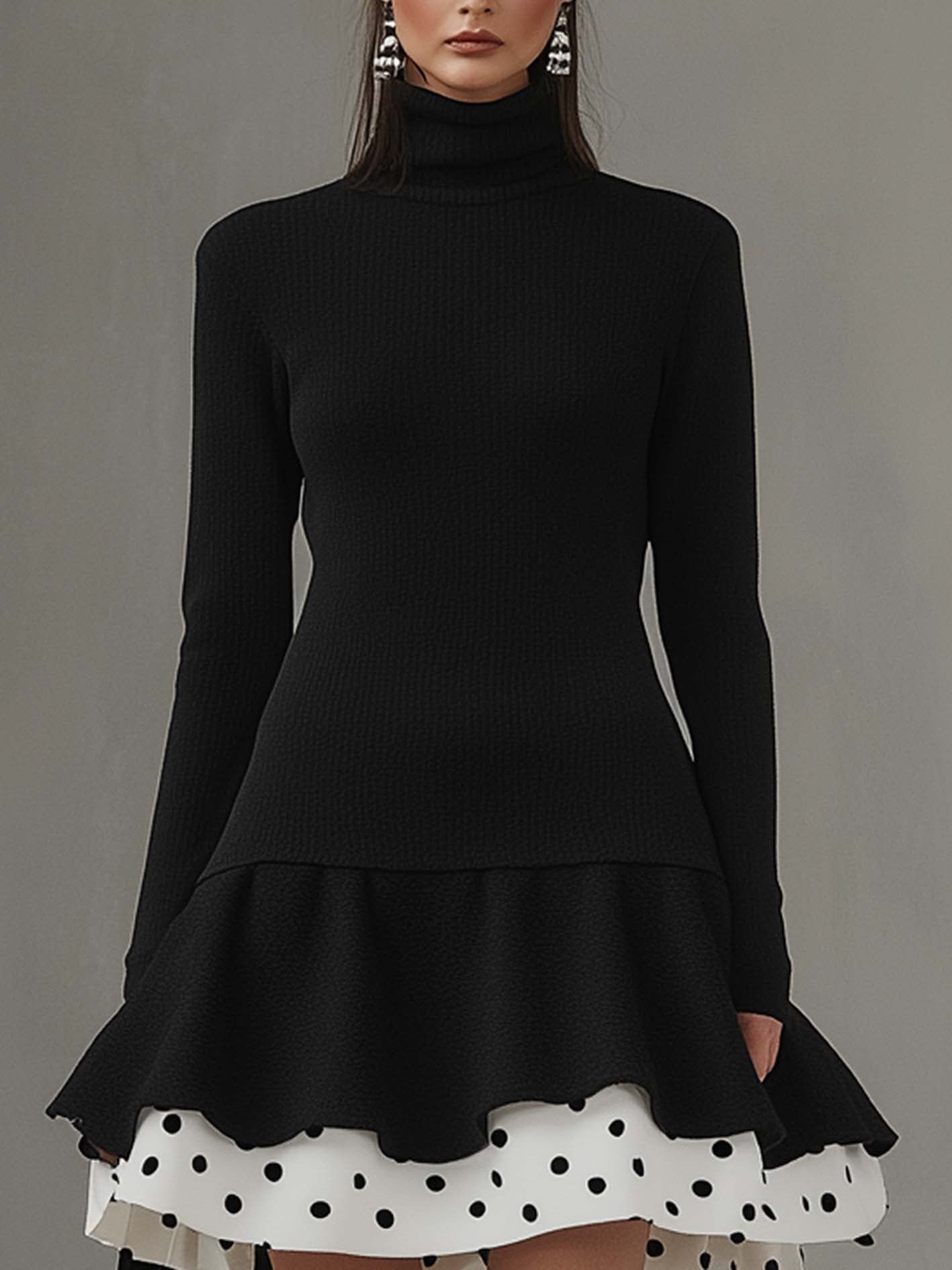 Black Mini Sweater Dress With Polka Dot Ruffles
