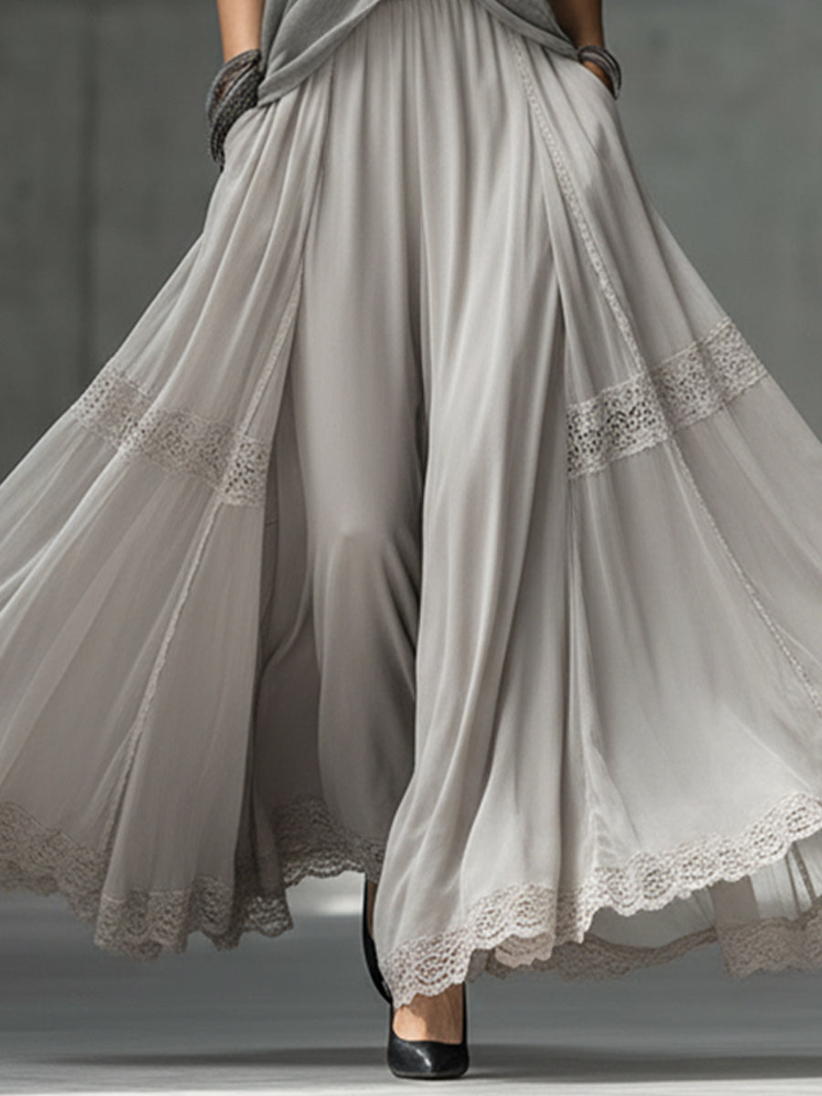 Gray Linen Blend V-Neck Draped Top And Chiffon Lace Skirt Set