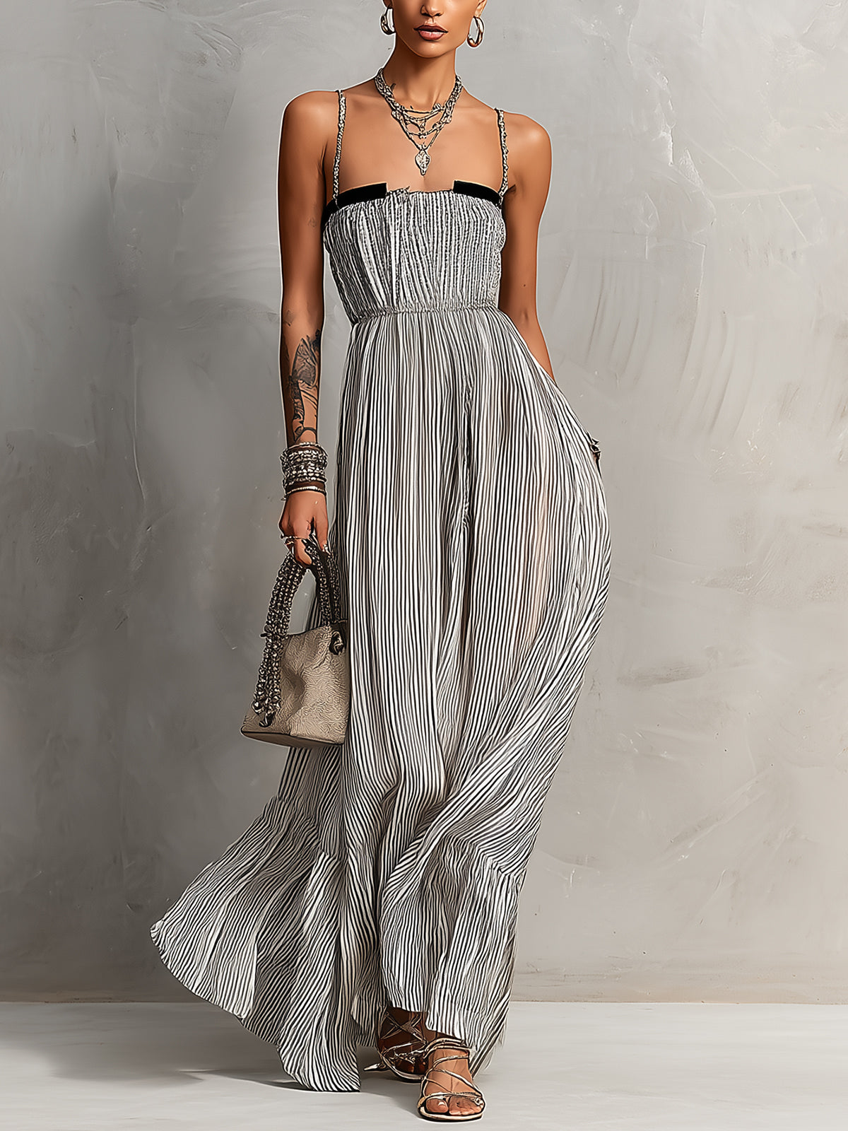 Striped Pleated Spaghetti Strap Chiffon Maxi Dress