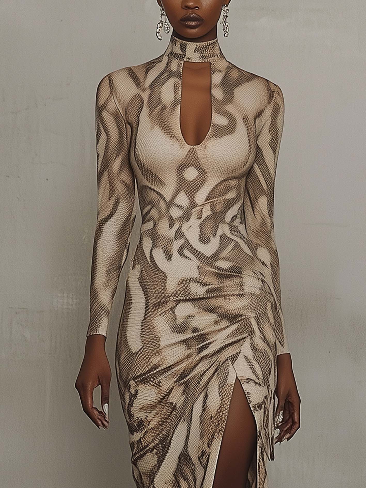 Beige Midi Bodycon Dress With Gradient Brown Animal Print
