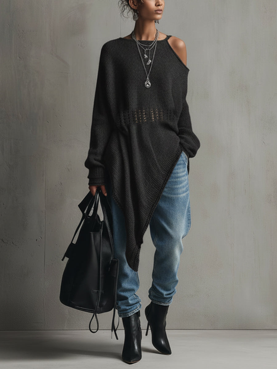 Black Lightweight Open Knit Midi Dress With Asymmetrical Hem