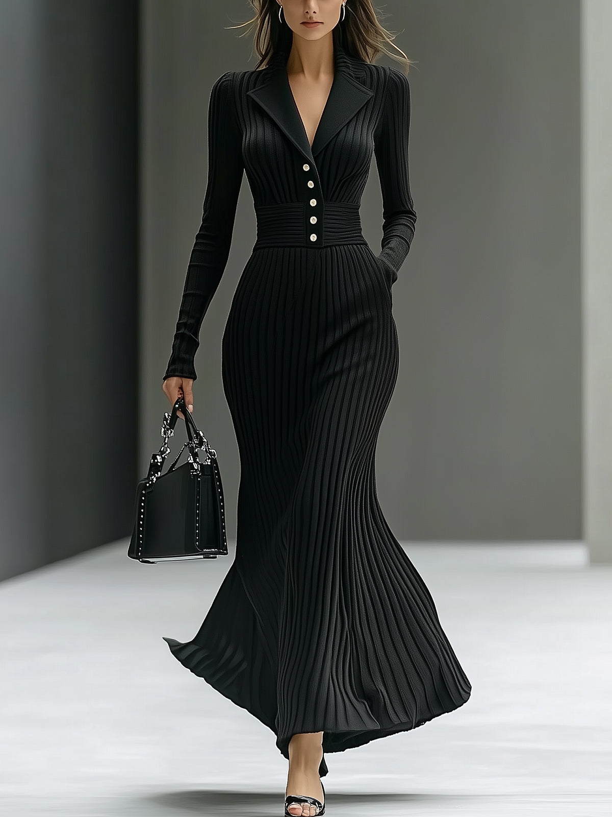 Black Ribbed Knit Maxi Dress With Button Down Front