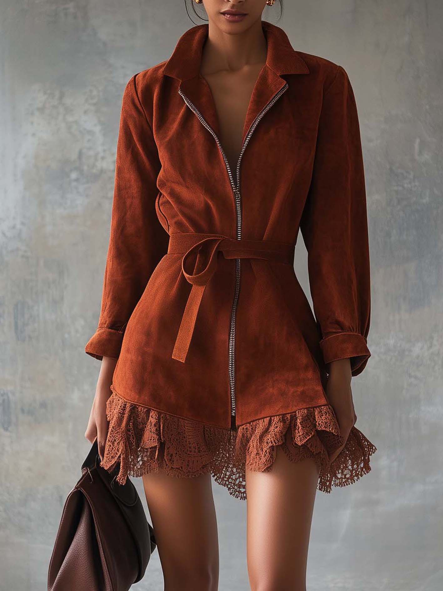 Reddish-brown Faux Suede Mini Dress With Lace And Zipper