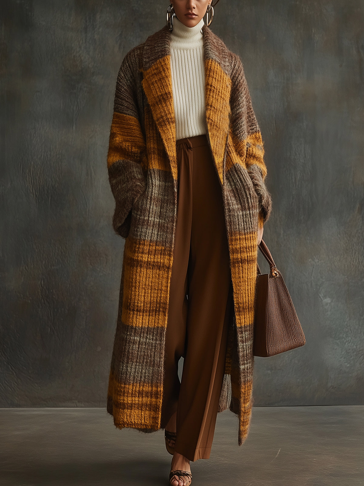 Colorblock Plaid Knitted Long Coat With Pockets