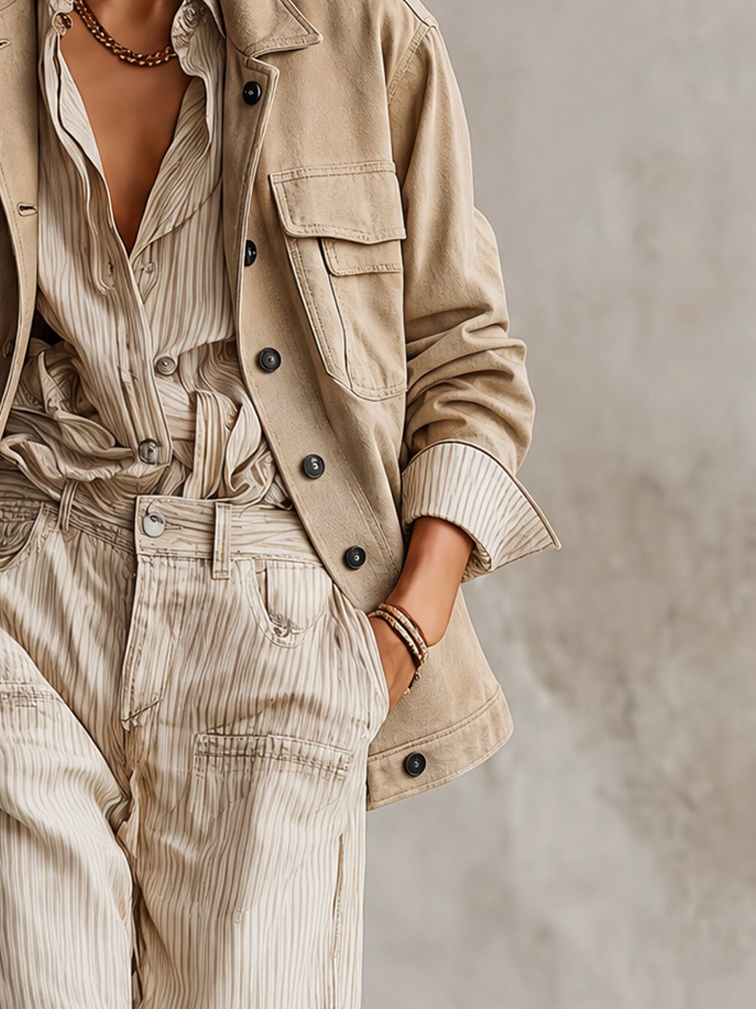 Beige Washed Cotton Oversized Utility Jacket
