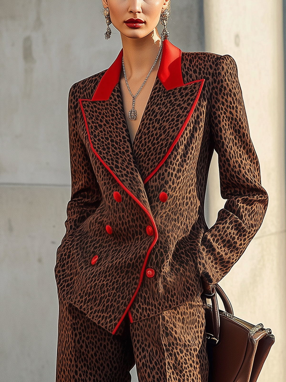 Brown Leopard Print Double Breasted Blazer With Red Contrast Trim