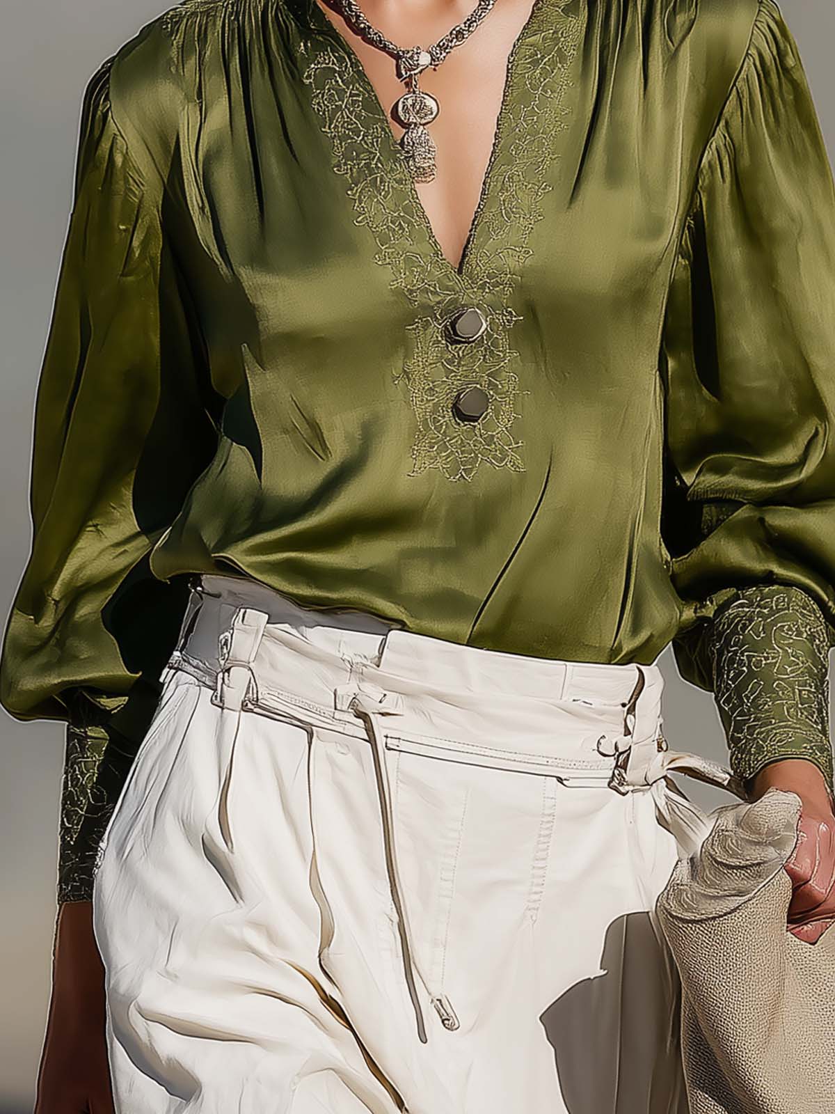 Olive Green Embroidered V-neck Double Button Shirt