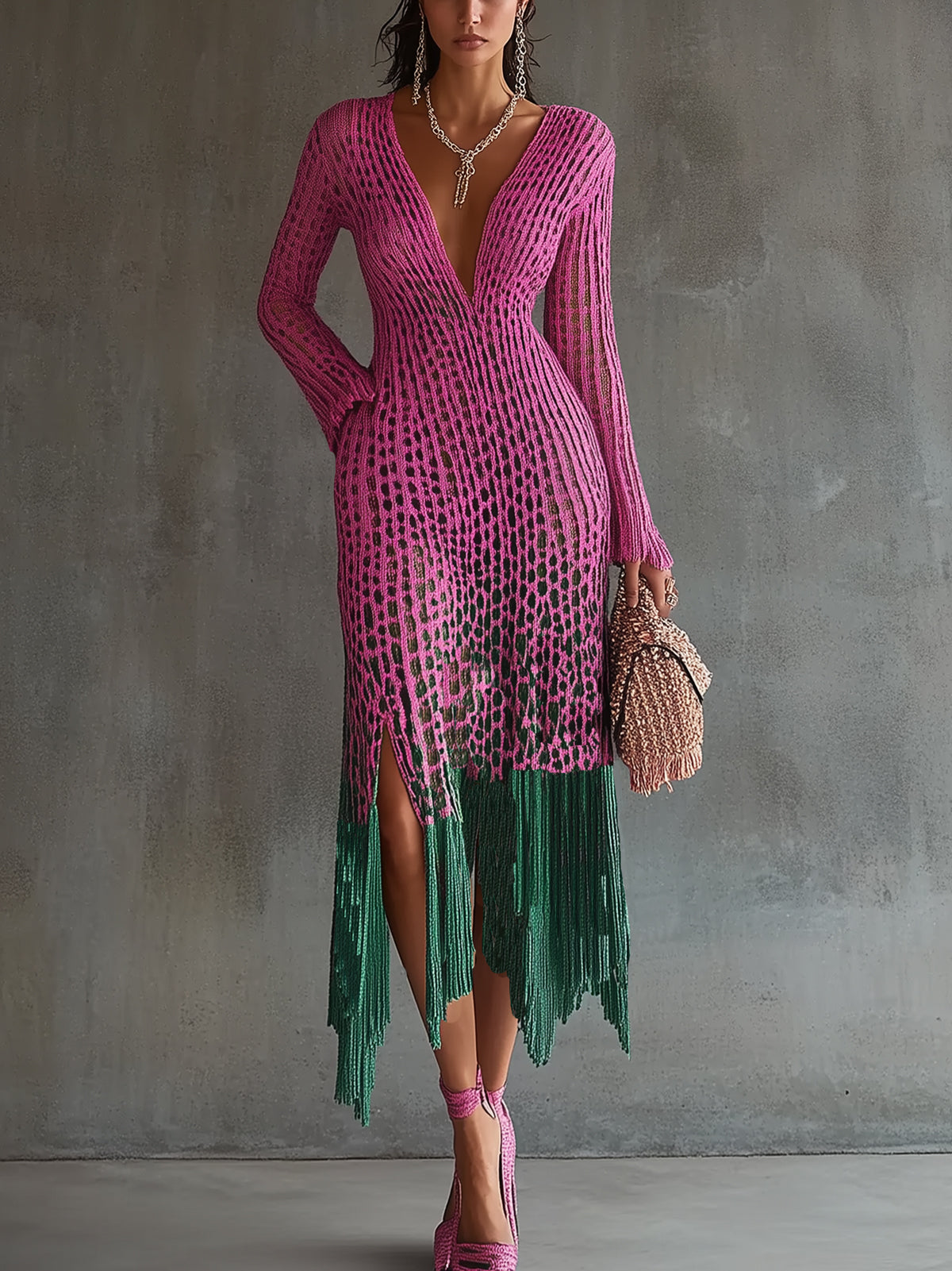 Purple Leopard Print Crochet Cutout Deep V-Neck Long Sleeved Asymmetric Maxi Dress