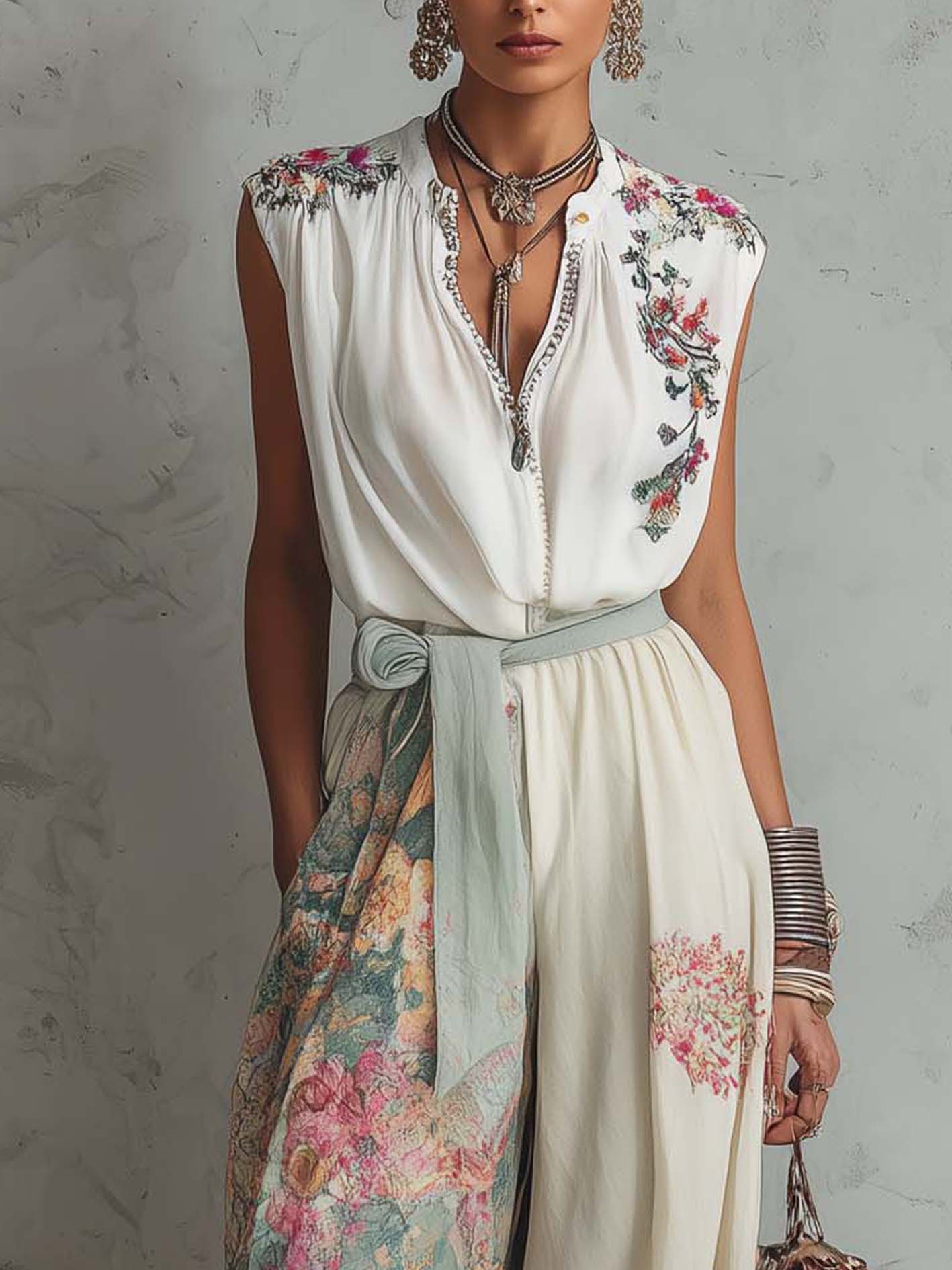 White Floral Chiffon Sleeveless Jumpsuit