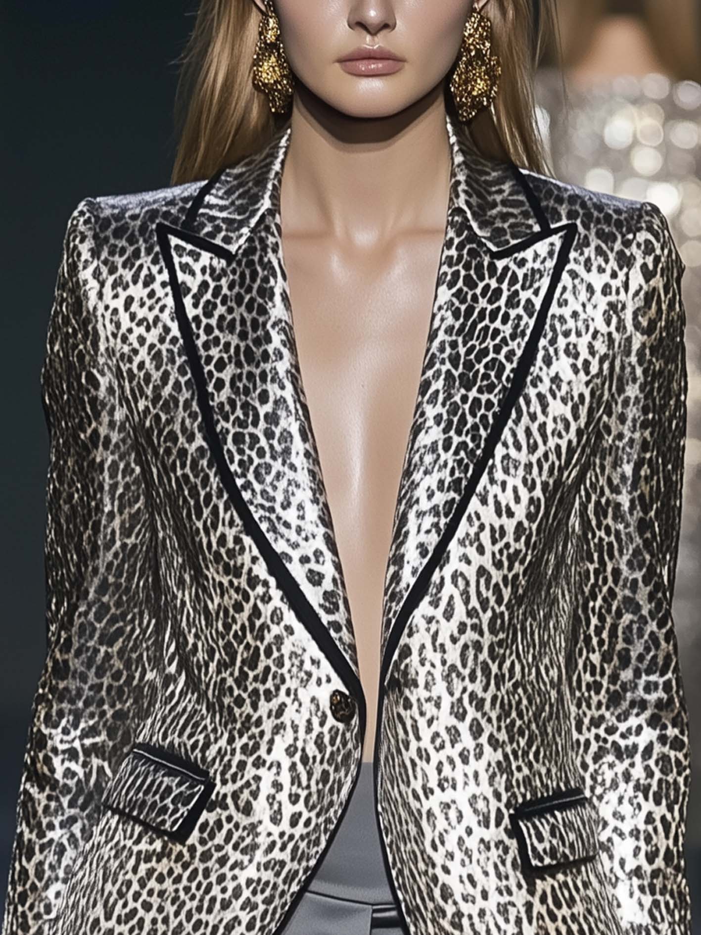 Gray Satin Blazer With Leopard Print