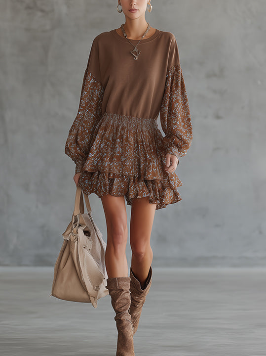 Brown Floral Print Ruffled Mini Dress With Smocked Waist And Balloon Sleeves