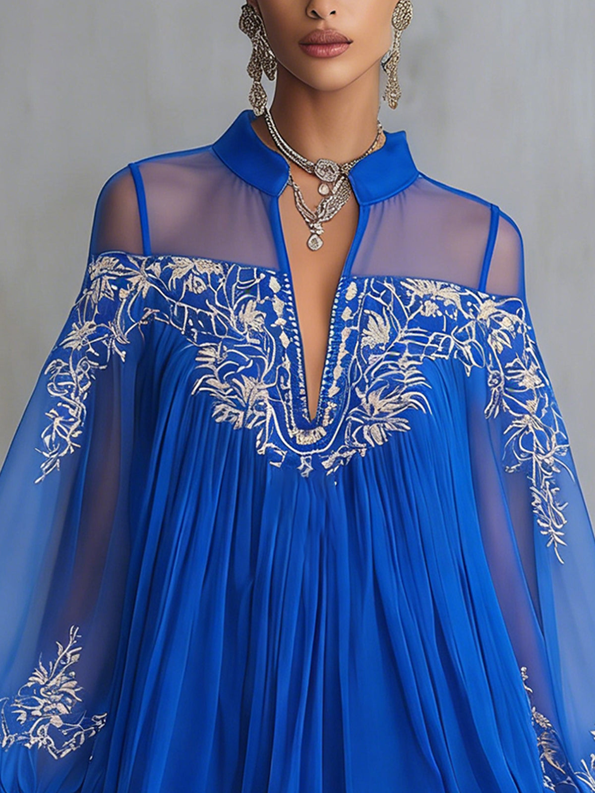 Blue Embroidered Sheer Lantern Sleeve Mini Dress
