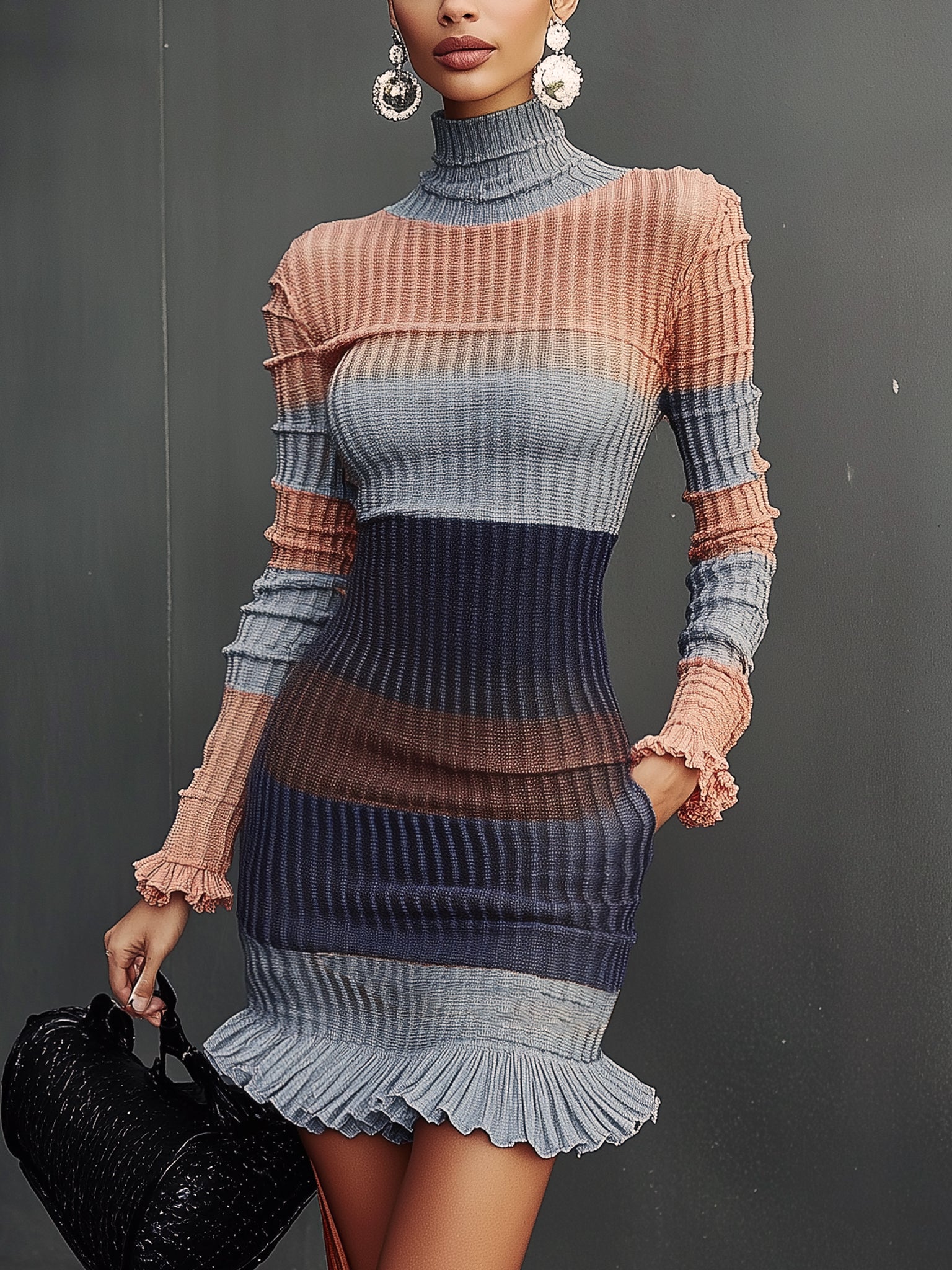 Colorblock Ribbed Turtleneck Knit Mini Dress