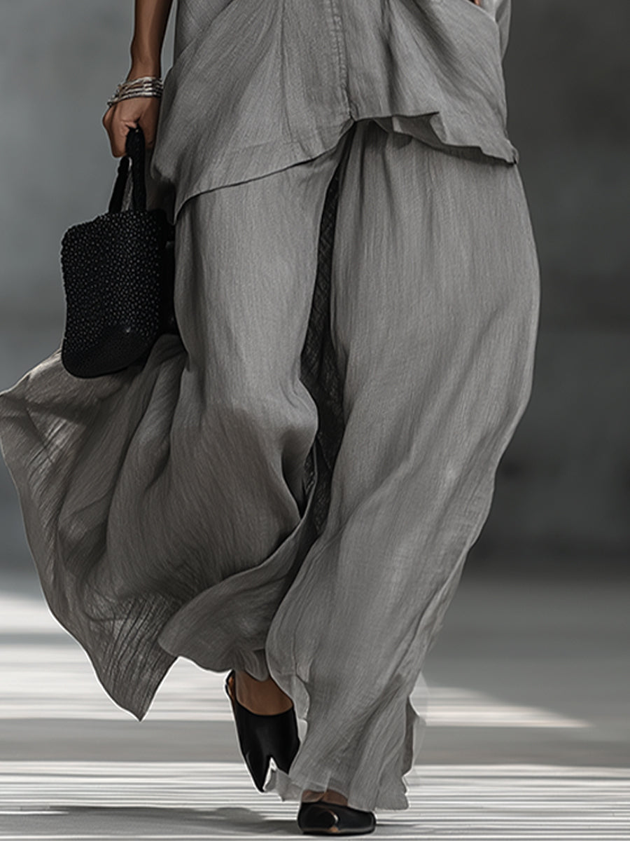 Gray Linen Blend Sleeveless Turtleneck Top And Wide Leg Pants Set