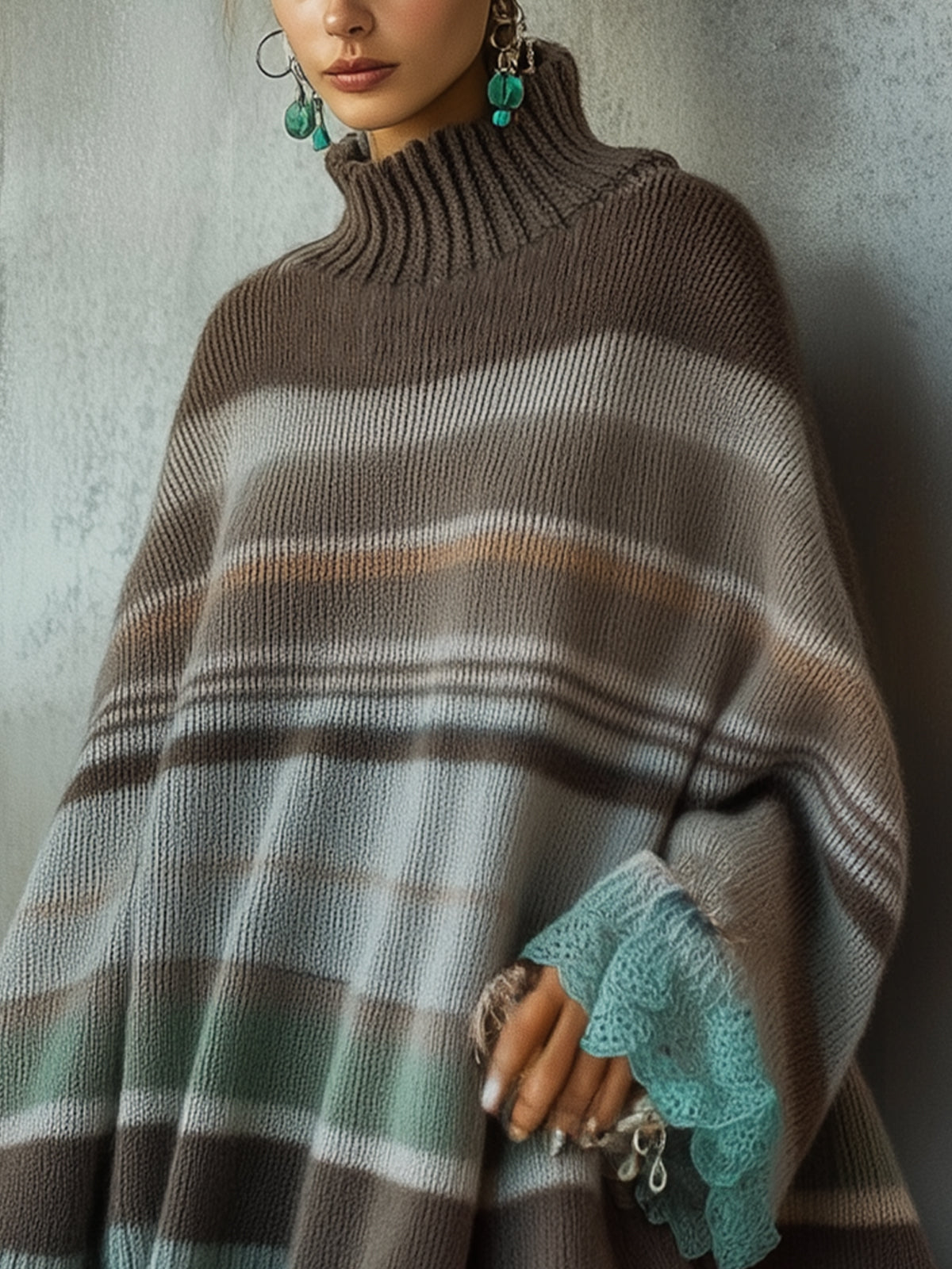 Striped Brown And Teal Knit Sweater Dress With Lace Trim
