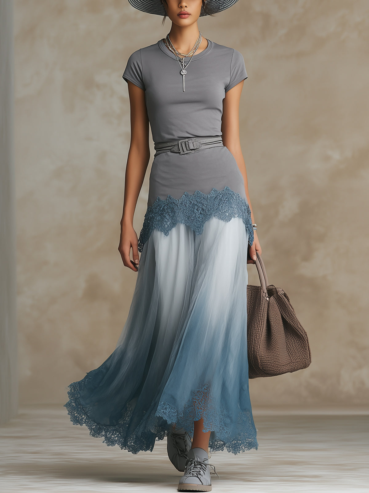 Gray T-shirt And Blue Ombre Lace Hem Flowing Maxi Skirt
