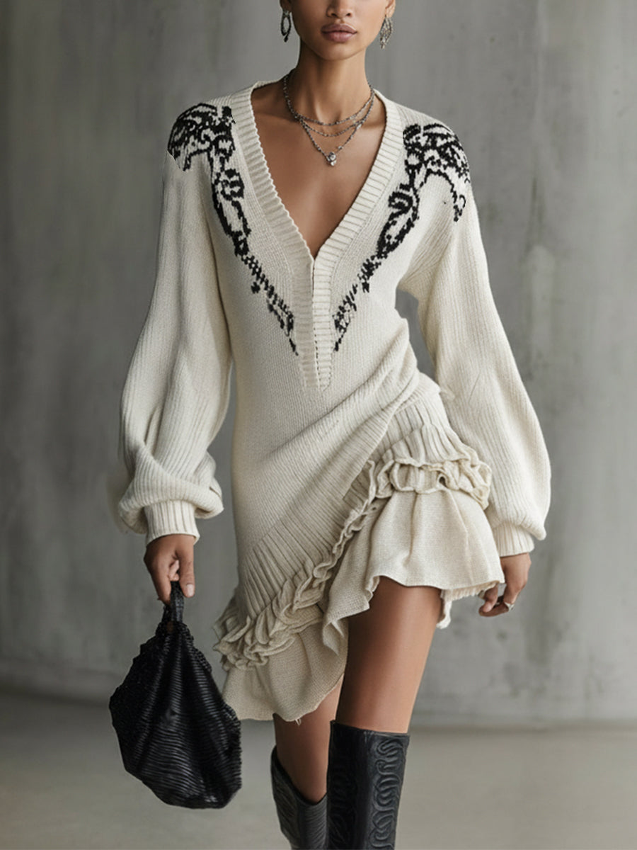 Ivory Knit Embroidered Ruffle Hem Mini Dress