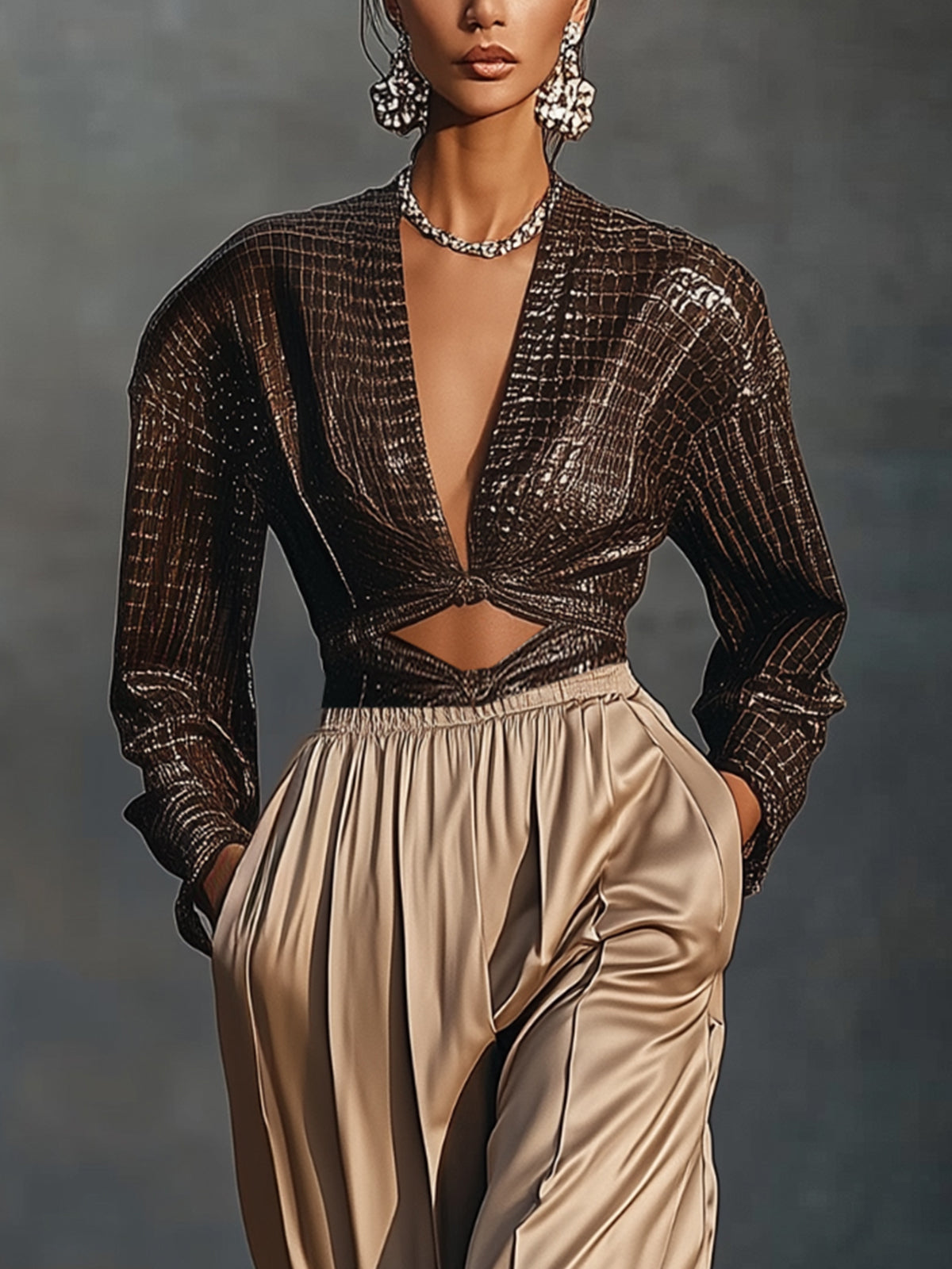 Crocodile Embossed Top And Satin Trousers Set