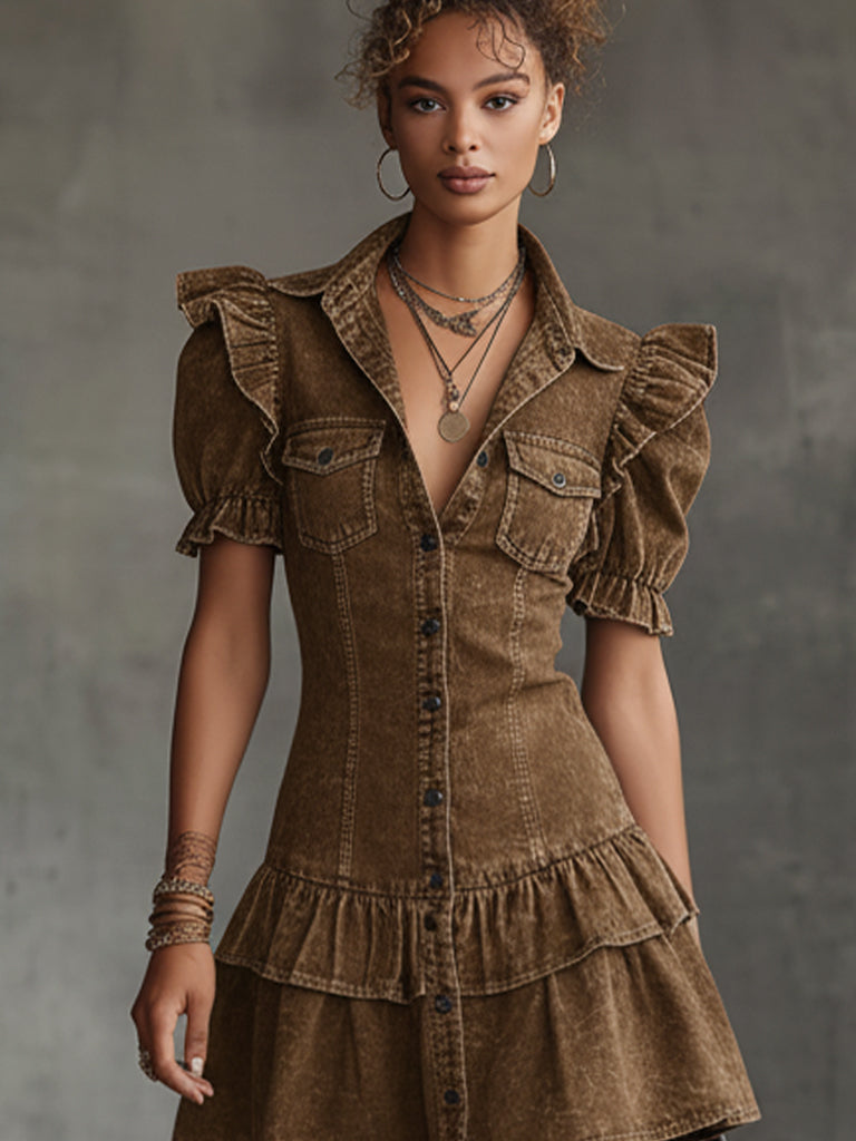 Vintage Brown Washed Denim Short Sleeve Mini Dress