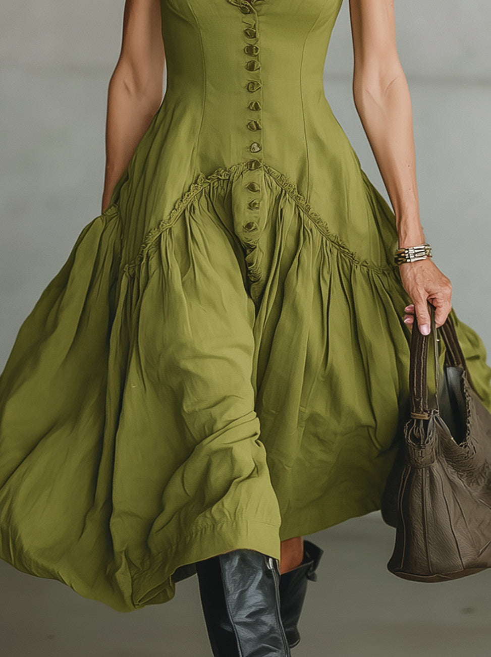 Olive Green V-Neck Sleeveless Button-Down Ruffle Midi Dress