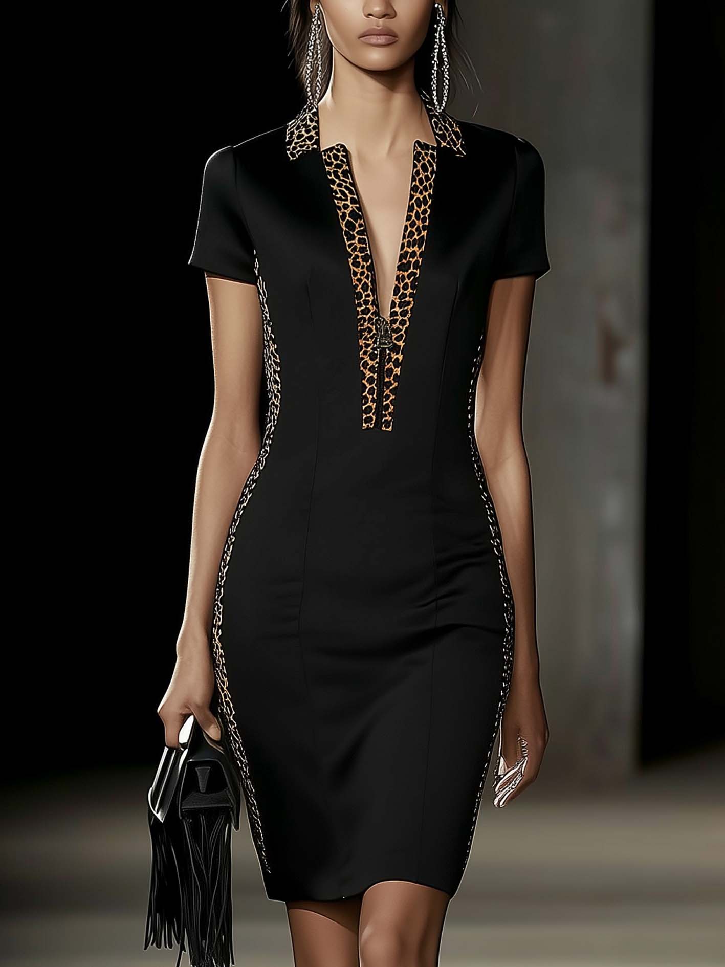 Black Satin Midi Bodycon Dress With Zipper And Leopard Print Trim