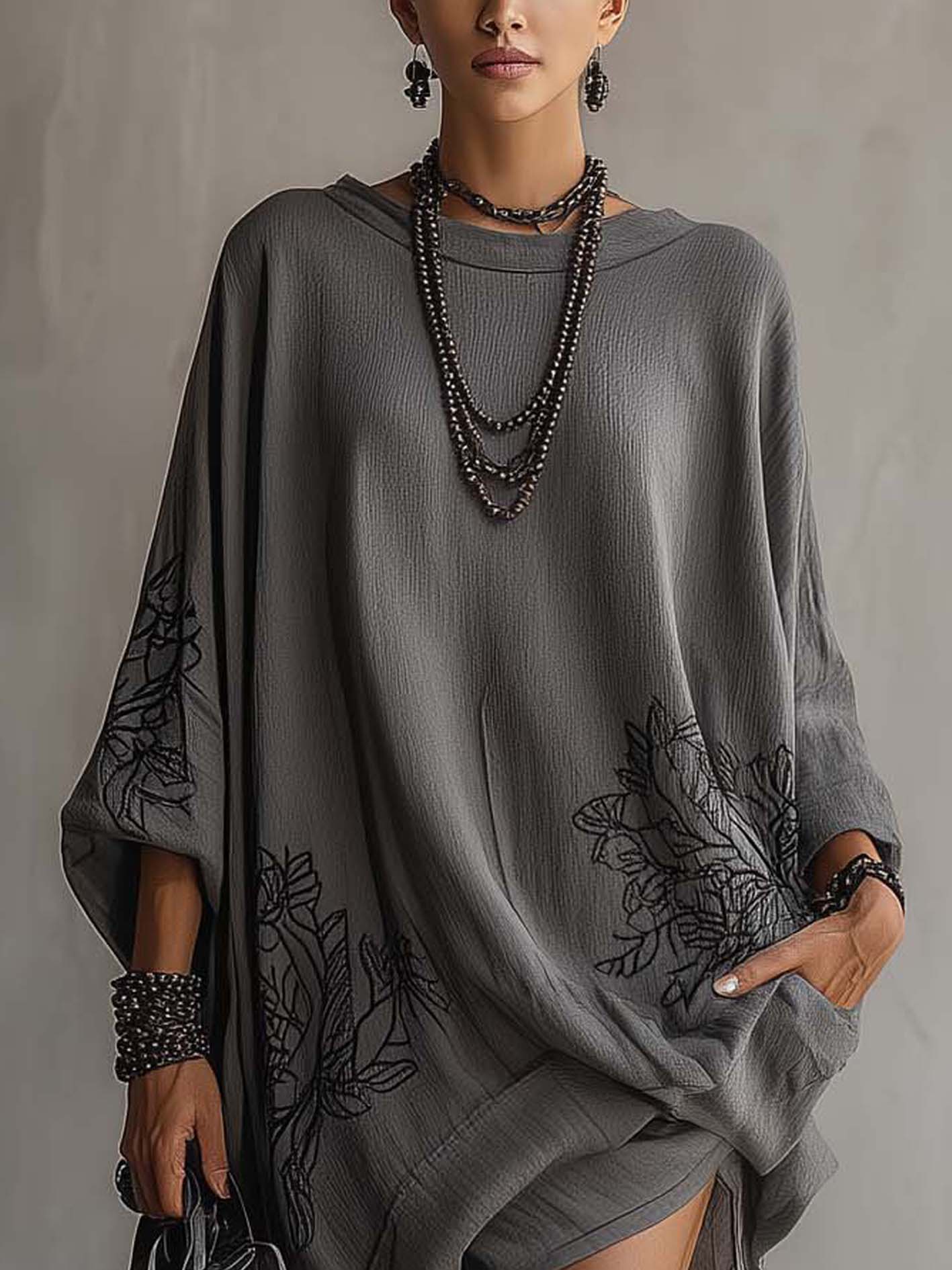 Dark Gray Cotton Linen Mini Dress With Black Floral Embroidery