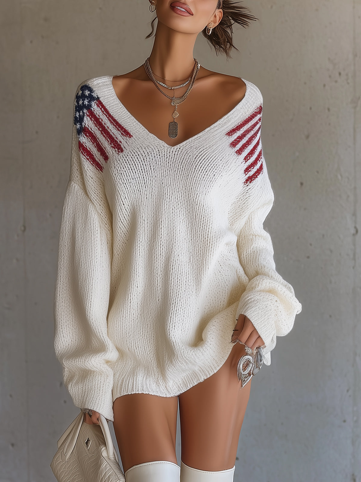 White Oversized V-Neck Sweater With Flag Shoulder Detail