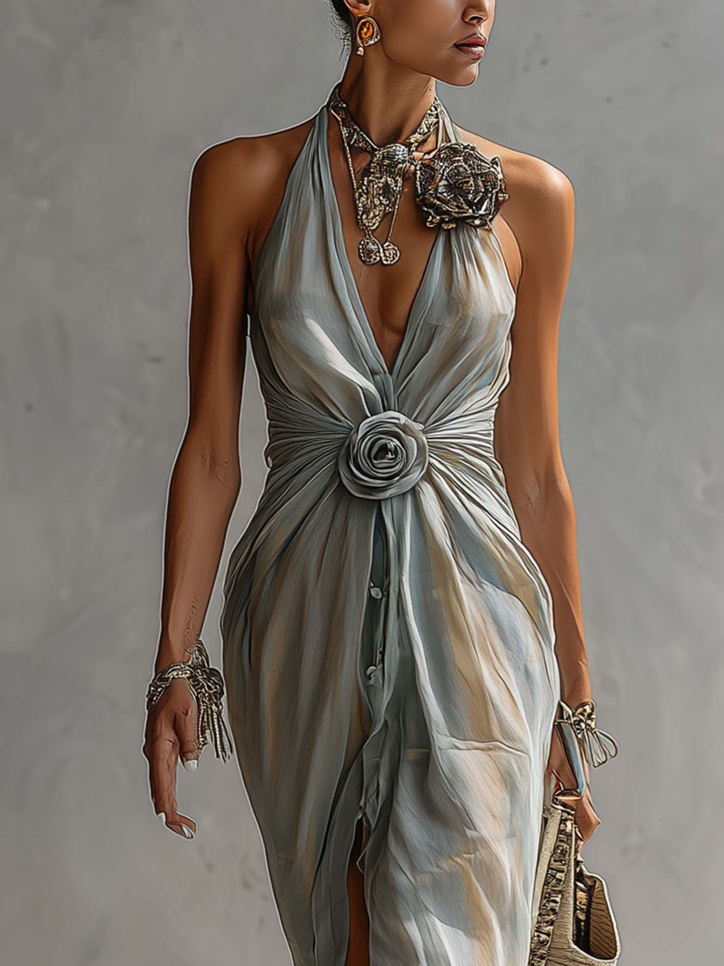 Light Blue Beige Chiffon 3D Floral Sleeveless Maxi Dress