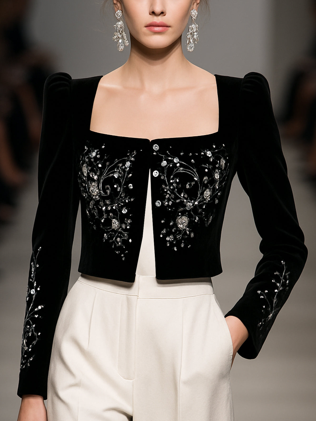 Luxurious Black Velvet Cropped Blazer With Intricate Embroidery