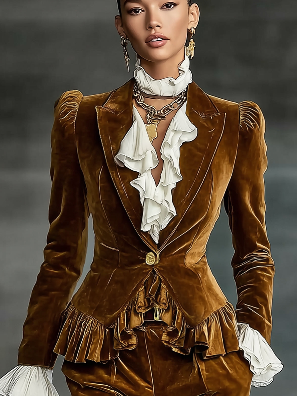 Gold Vintage Ruffle Velvet Single Button Blazer