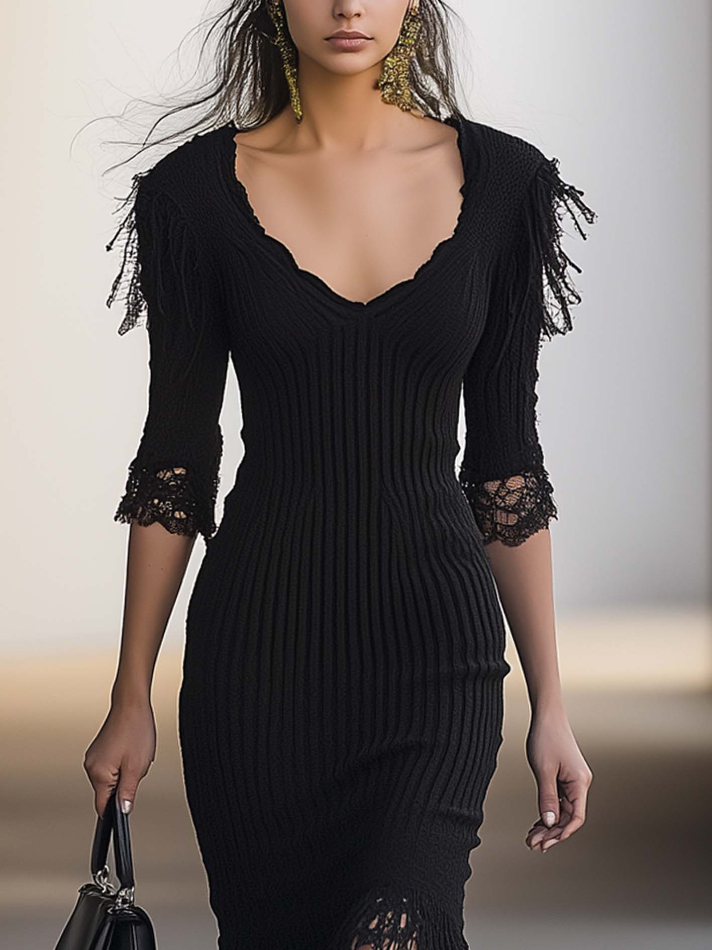 Black Knit Maxi Bodycon Dress With Mesh Lace And Tassels