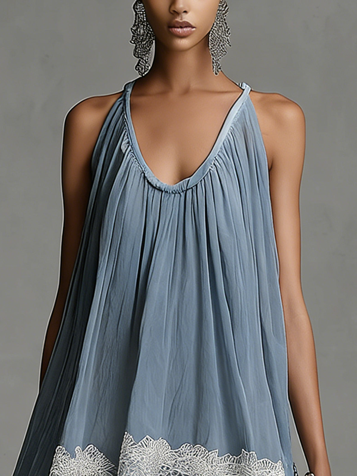 Blue Lace Trim High-Low Pleated Mini Dress