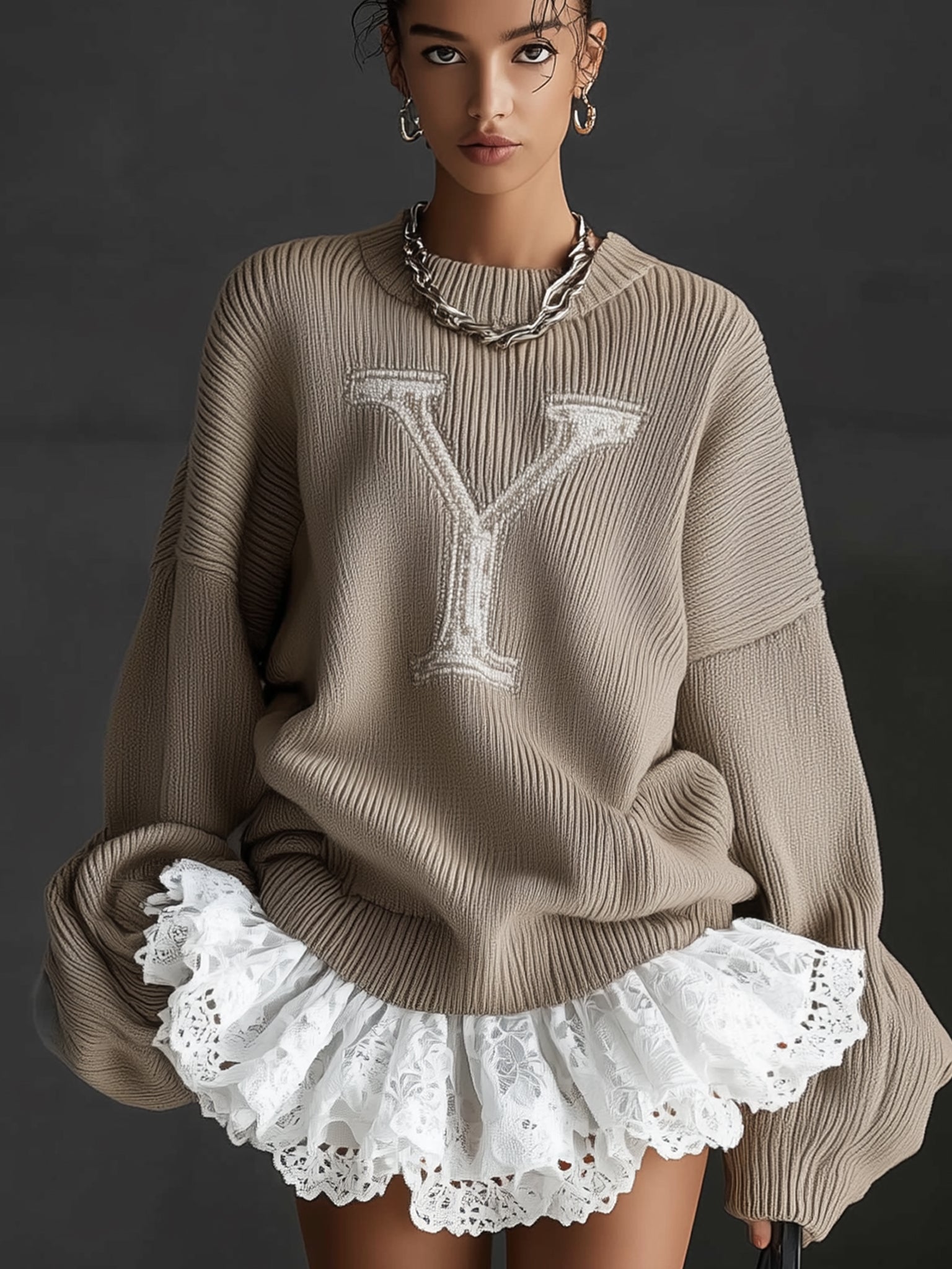 Taupe Crew Neck Knit Lace Flared Skater Dress