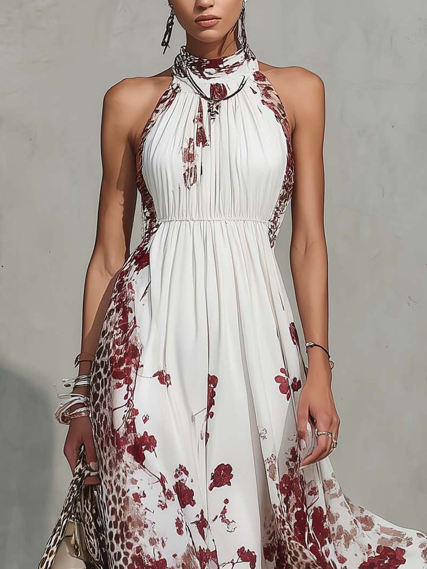 White Chiffon Maxi Dress With Floral And Leopard Print