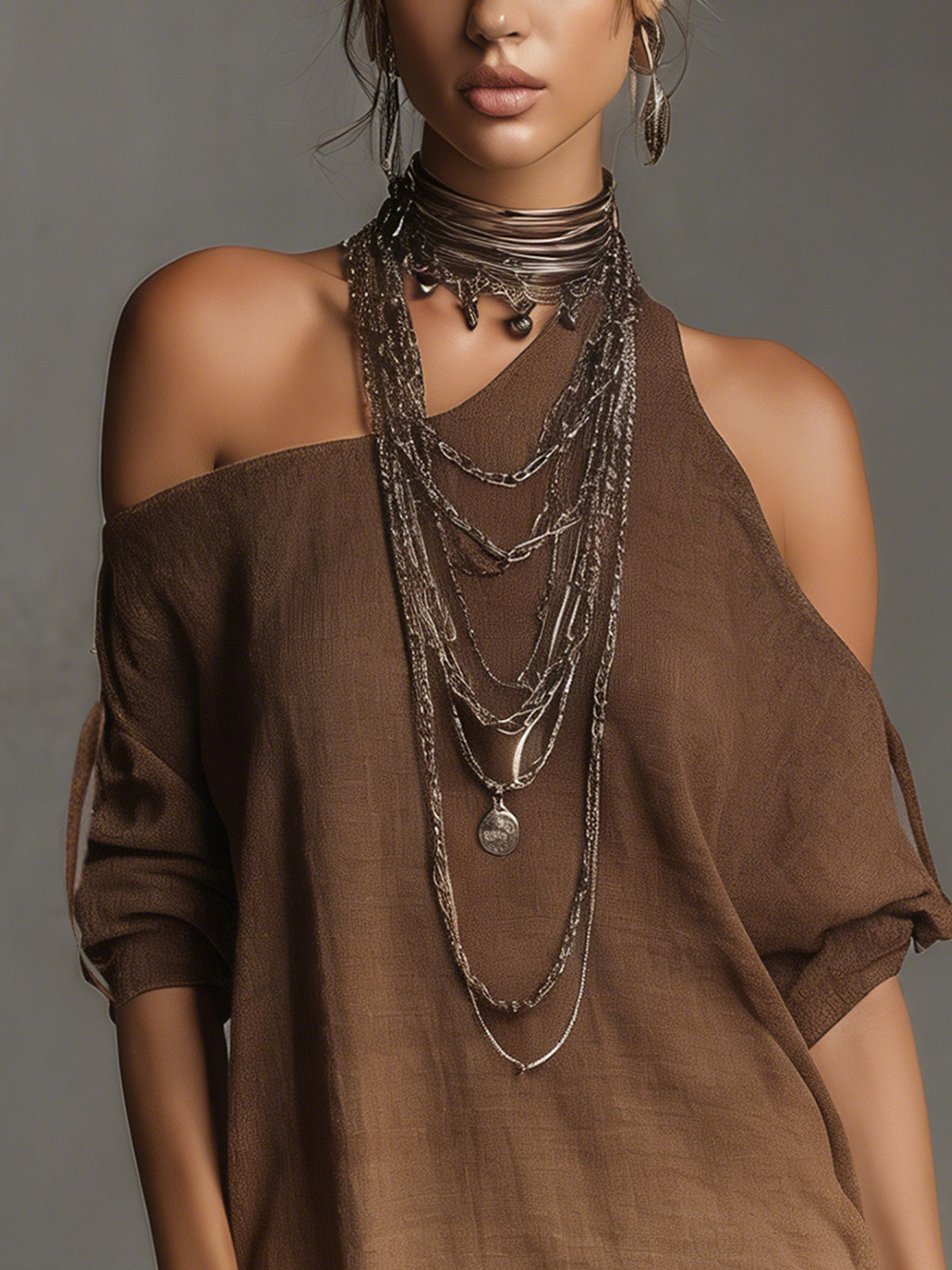 Brown One-Shoulder Ombre Linen Mini Dress