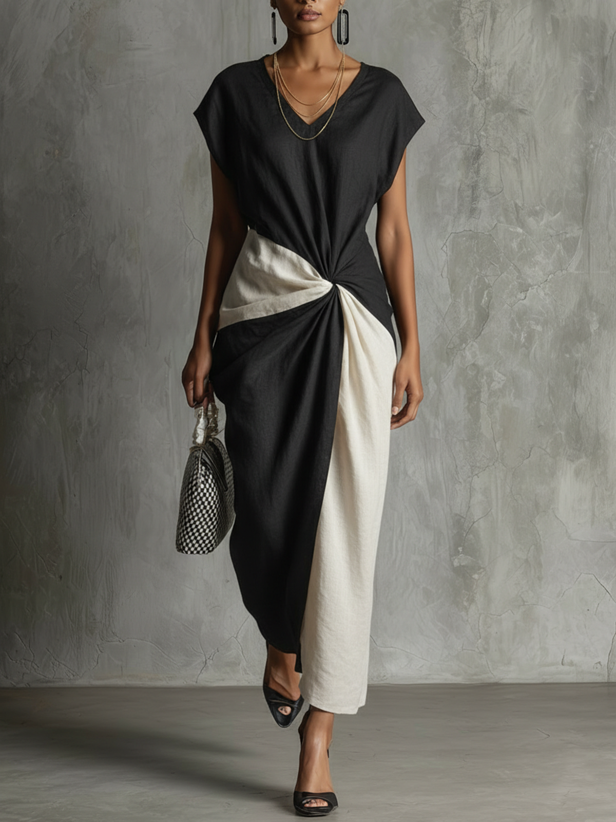 Two-Tone Maxi Dress With Draped Twist Front And Sculpted Silhouette