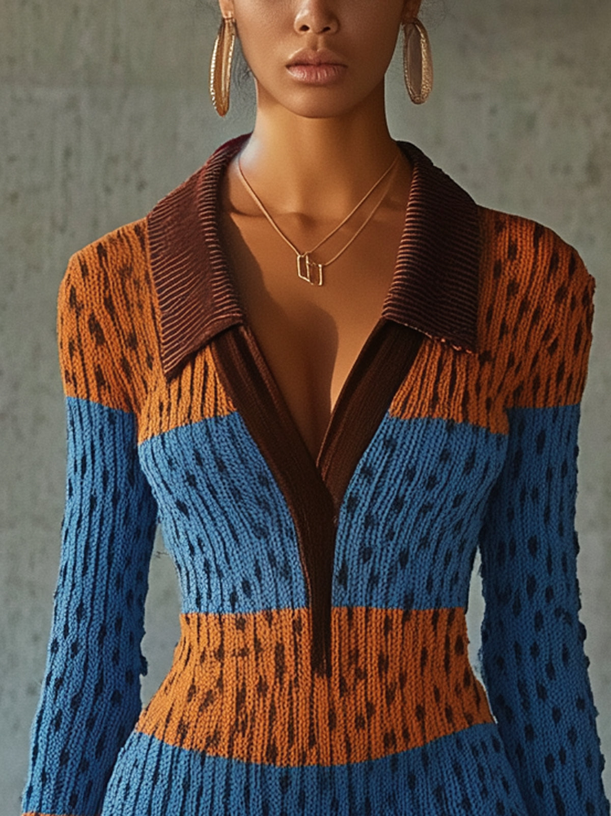 Orange And Blue Leopard Print Knit Neck Long Sleeved Mini Dress