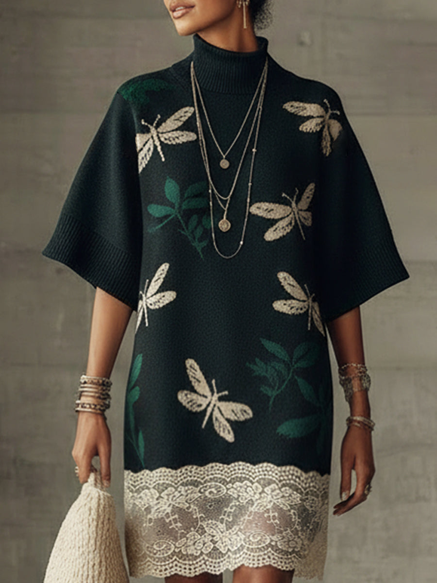 Emerald Botanical Knit Lace Trim Mini Dress