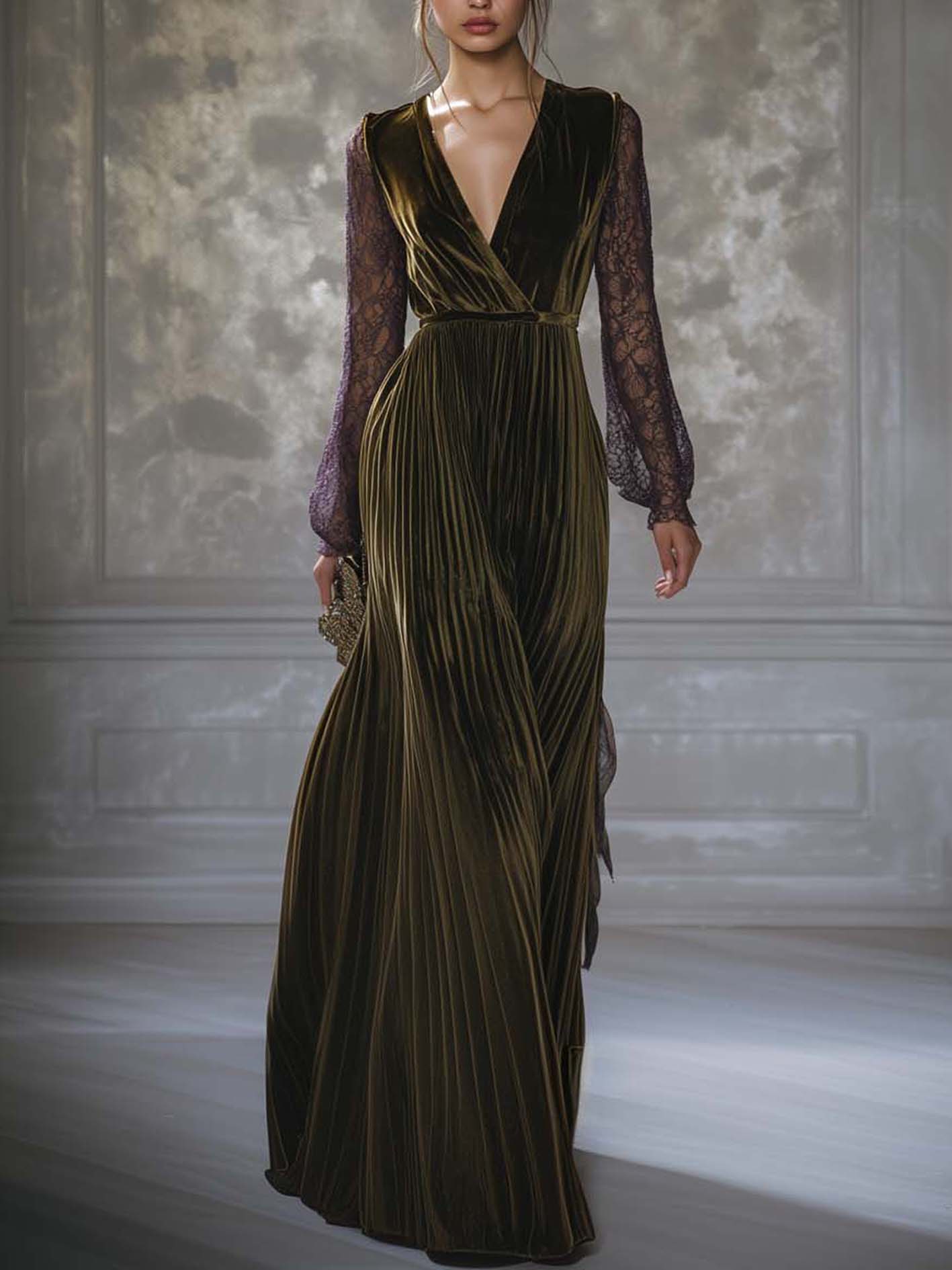 Olive Green Velvet Maxi Dress With Purple Mesh Sleeves