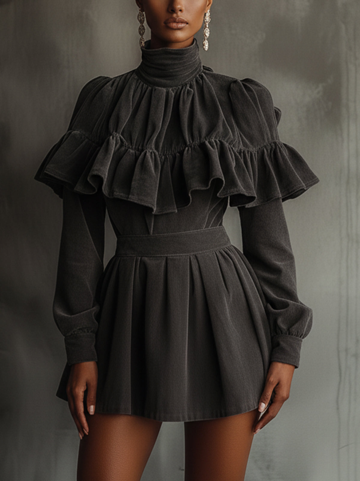 Gray High-Neck Dress With Ruffled Cape Detail