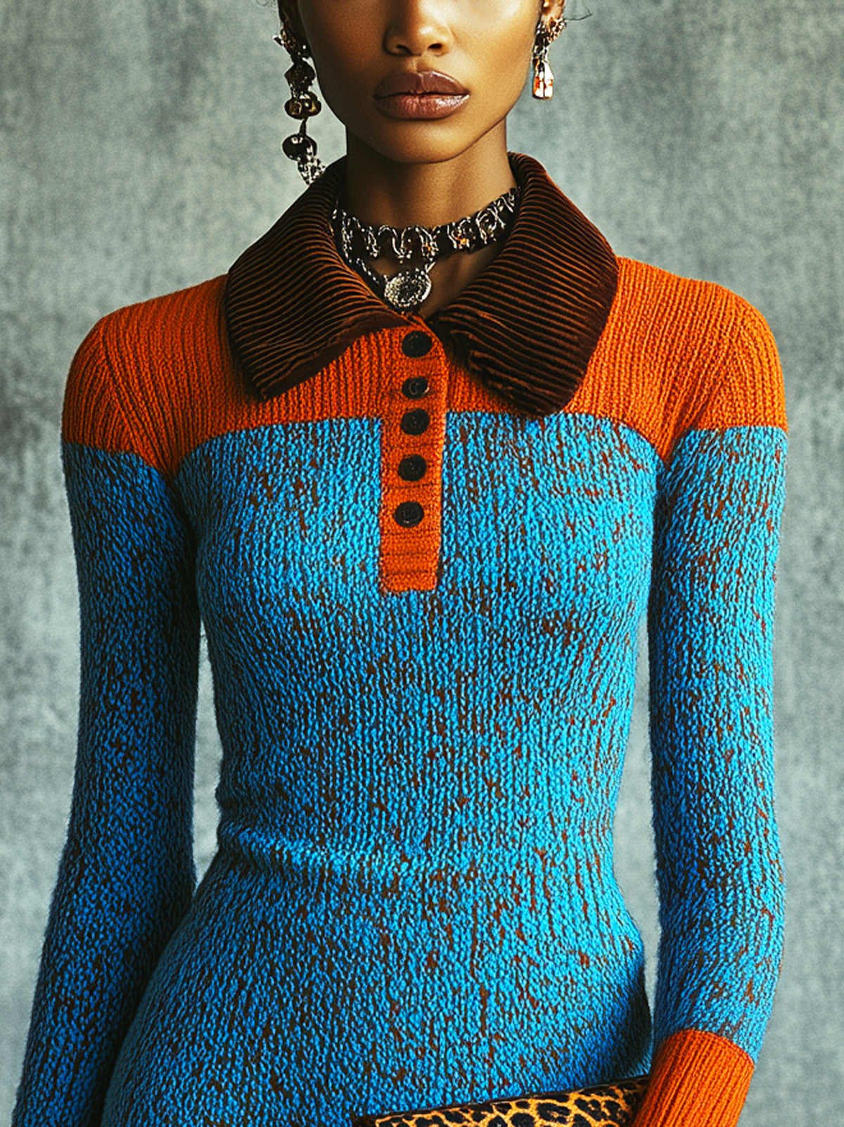Blue Textured Knit Contrast Shoulder Button Up Collar Long Sleeve Mini Dress