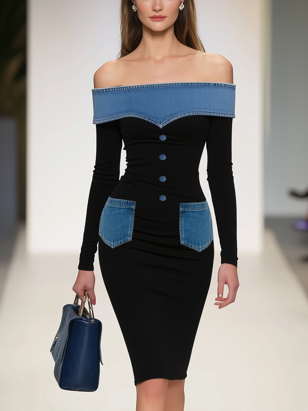 Black Off Shoulder Dress With Denim Accents