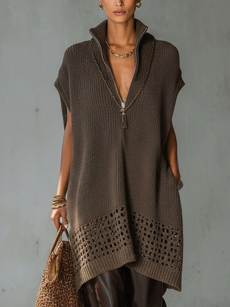 Coffee Relaxed Half Zip Knit Crochet Mini Dress