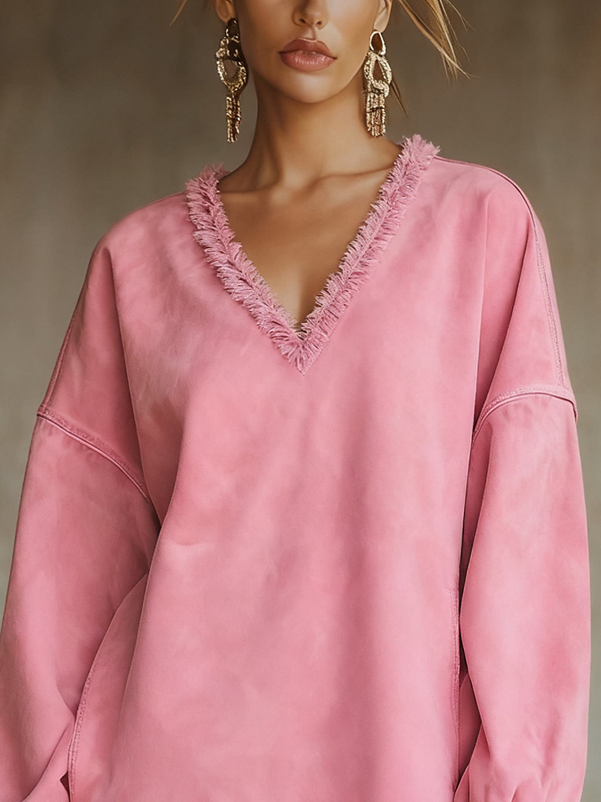 Pink Faux Suede V-Neck Mini Dress With Frayed Edges
