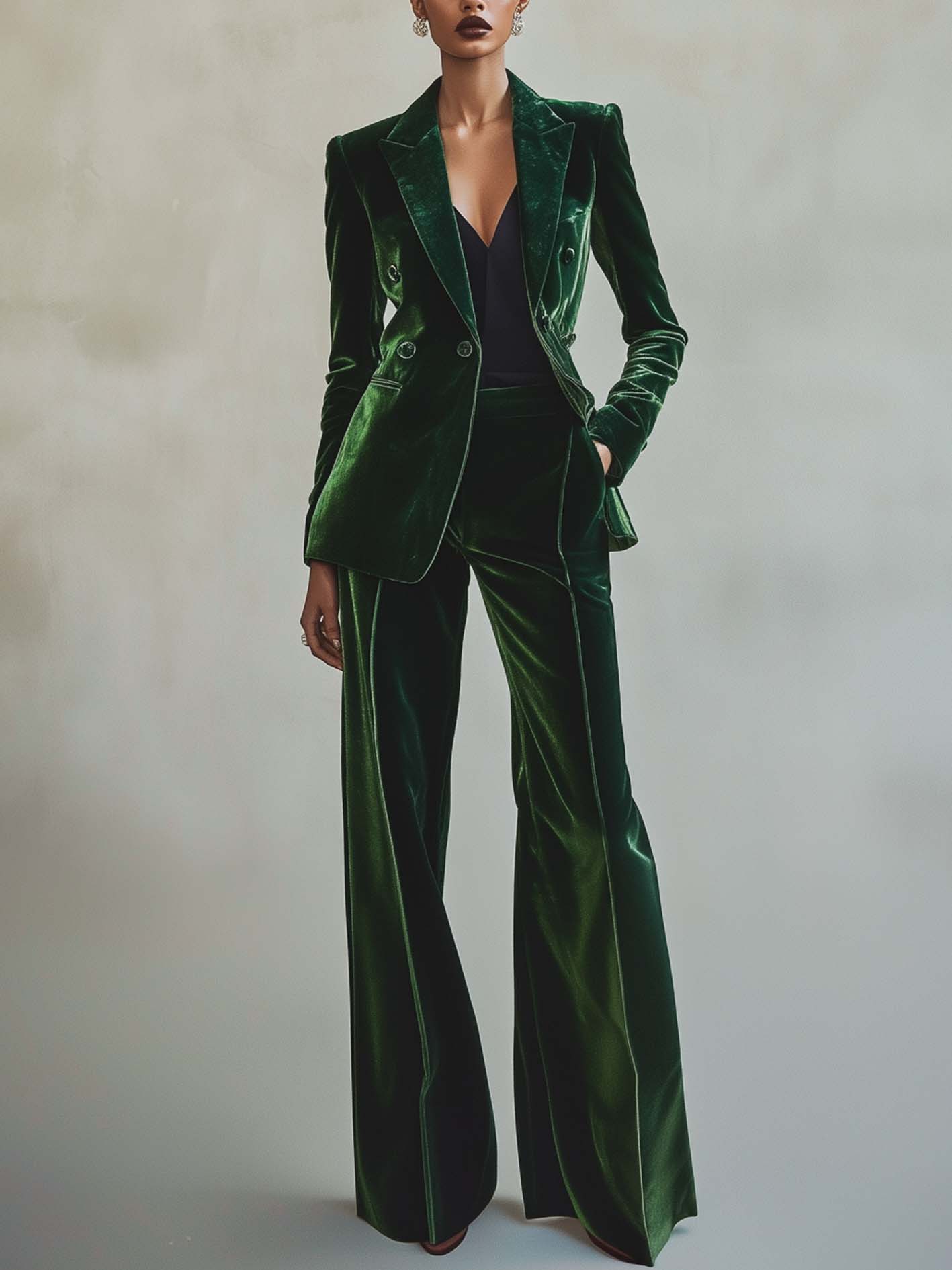 Dark Green Velvet Double-breasted Suit