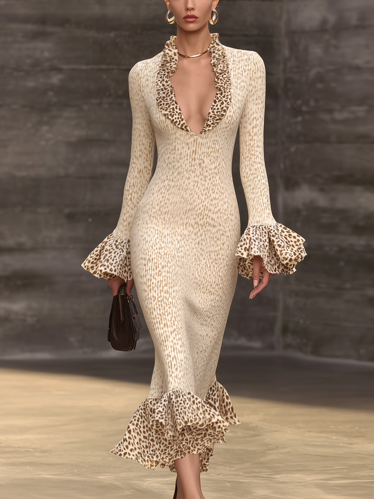 Beige Leopard Print Knit Ruffled Fitted Bodycon Dress