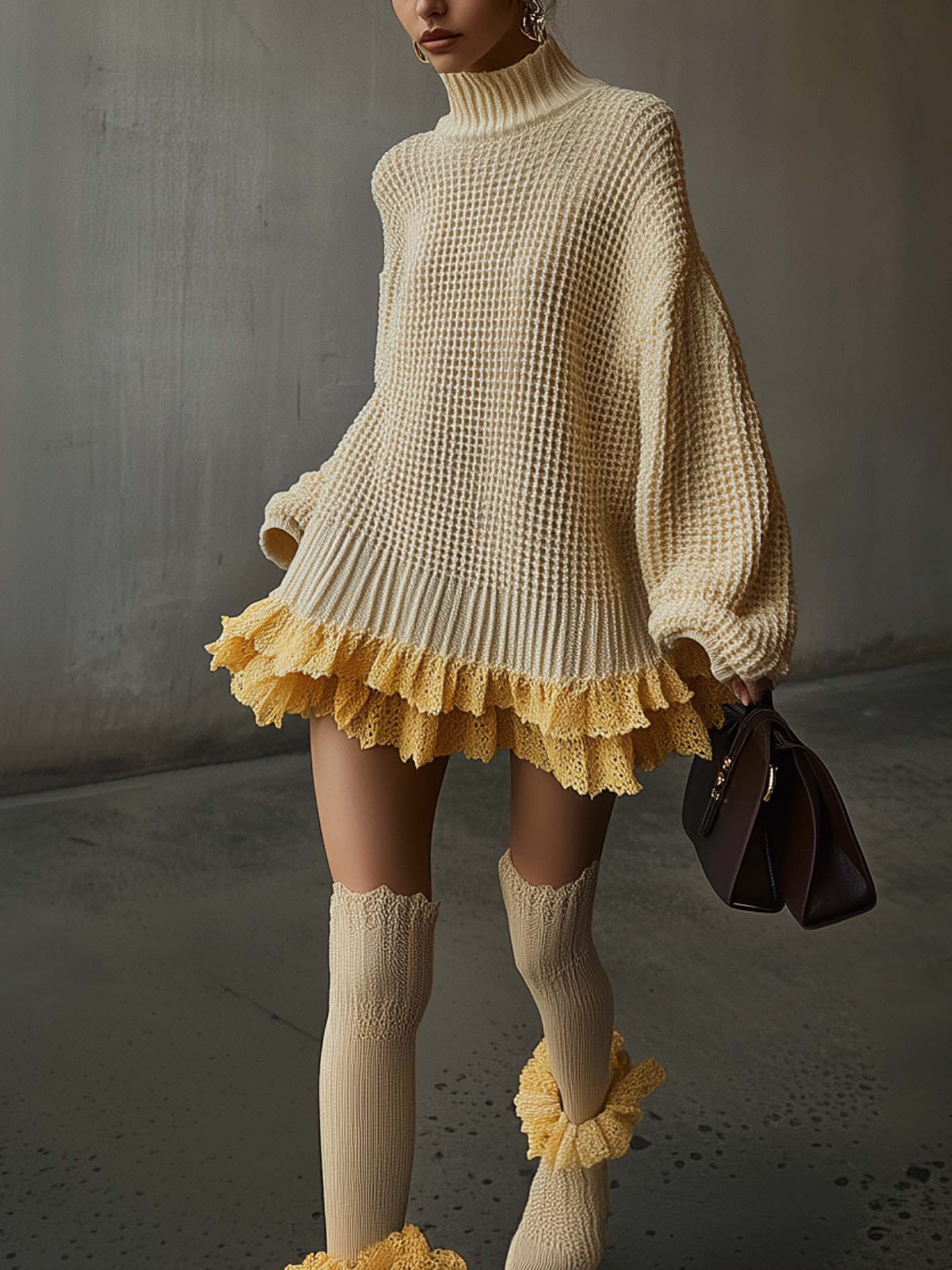 Beige Knitted Mini Dress With Yellow Lace Trim