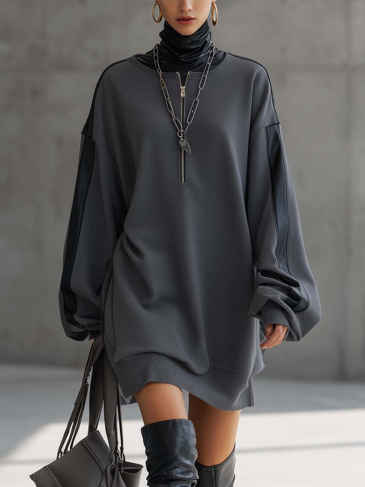Dark Gray Blended Leather Trim High Neck Zipper Mini Loose Dress
